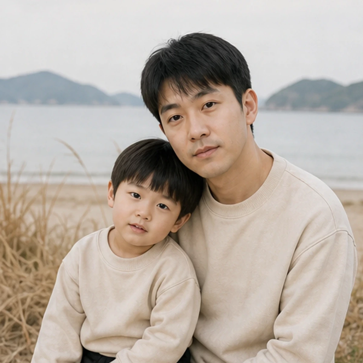 Warm family portrait in Japanese film style